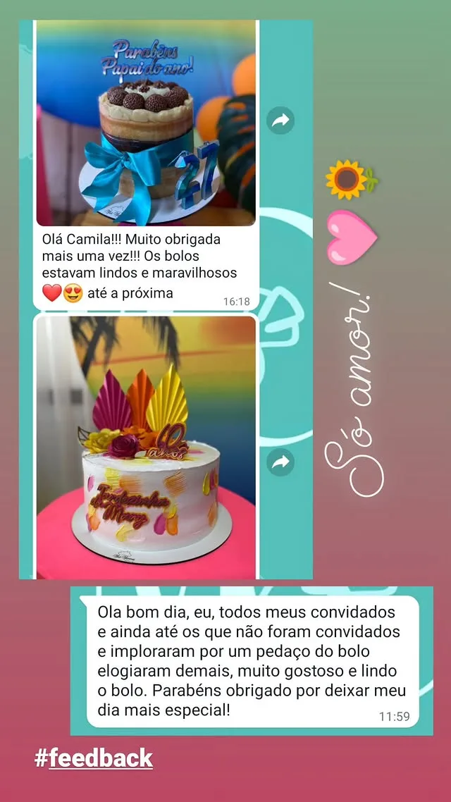 Feedback real de cliente 1 no Instagram da Mila Cruz Confeitaria